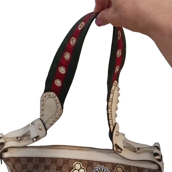 Gucci Tote Bag STUDDED Shoulder Bag RED Green Strap IVORY LEATHER added patch - Picture 4 of 16